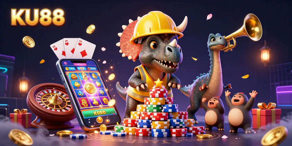 KU88 casino illustration showcasing a triceratops building poker chips, surrounded by gaming elements and celebration.