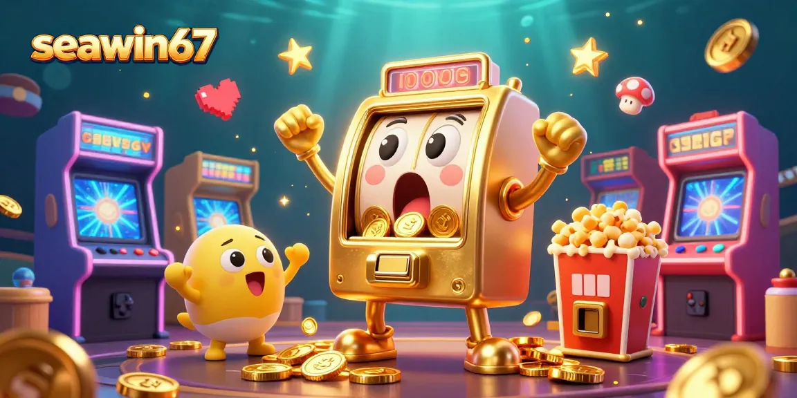 seawin67 merayakan kemenangan dengan mesin slot emas dan koin berkilauan yang jatuh