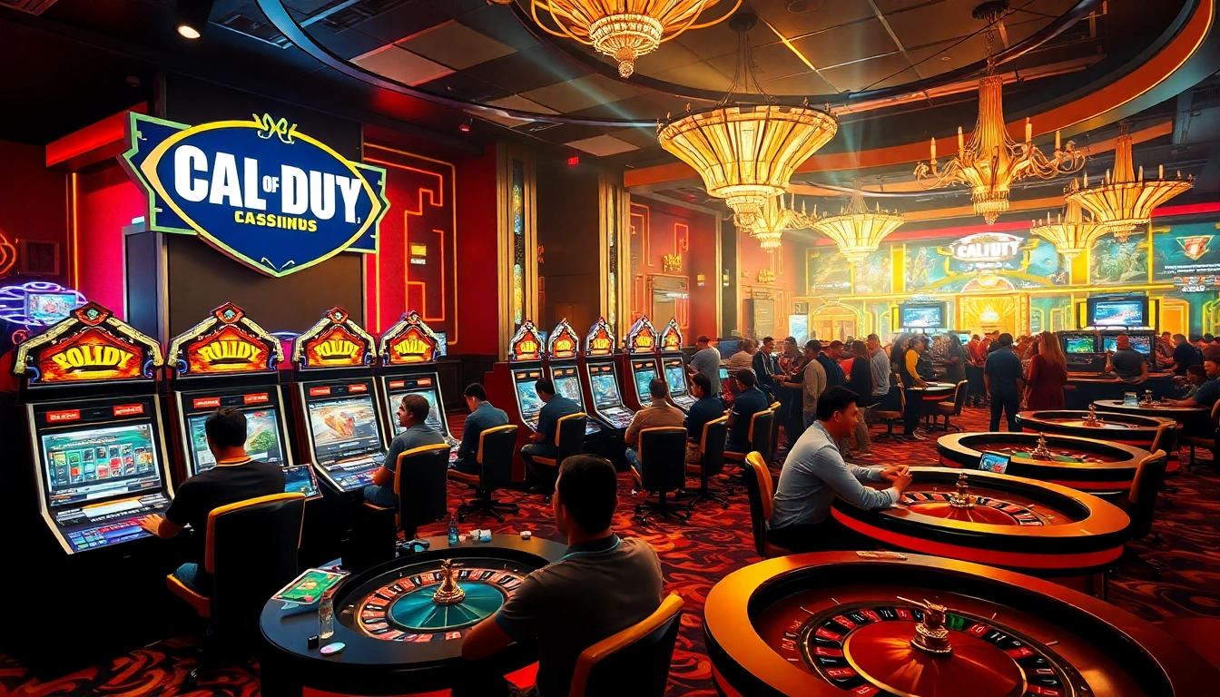 แทง Call of Duty ได้เงินจริง E1 Sport in a vibrant casino scene with players engaged and neon lights.