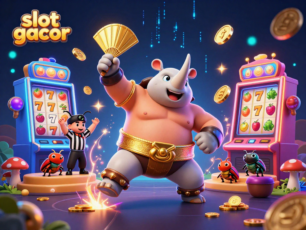 Experience thrilling slot gacor action with animated characters celebrating wins amid colorful slot machines.