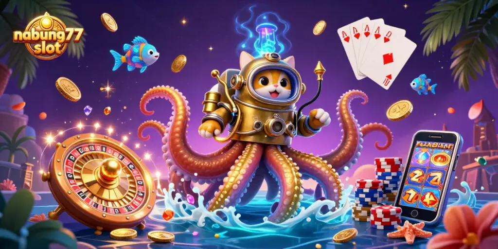 Play the exciting nabung77 slot with vibrant characters amidst cascading coins and treasures.