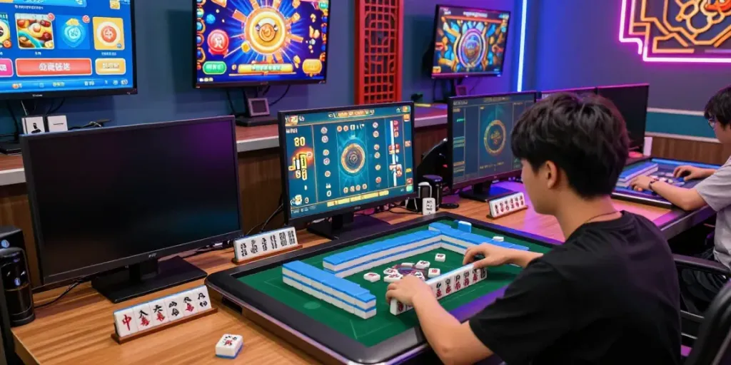 Pengguna menikmati permainan Mahjong Slot di platform gaming yang menarik, dikelilingi oleh elemen tradisional Mahjong.