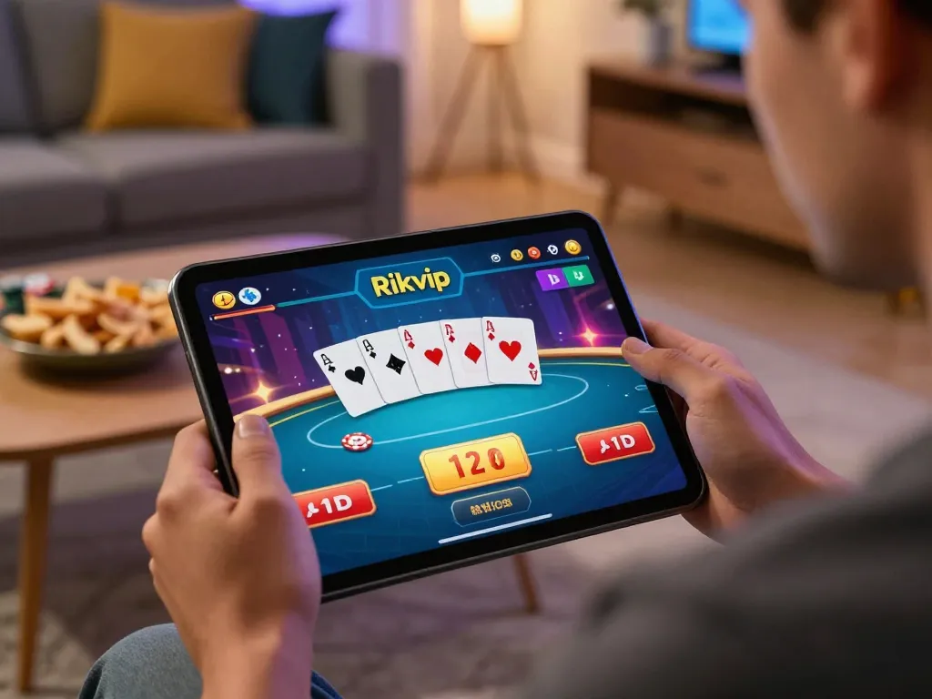 Engaged player navigating Rikvip's online poker game on tablet in cozy home setting
