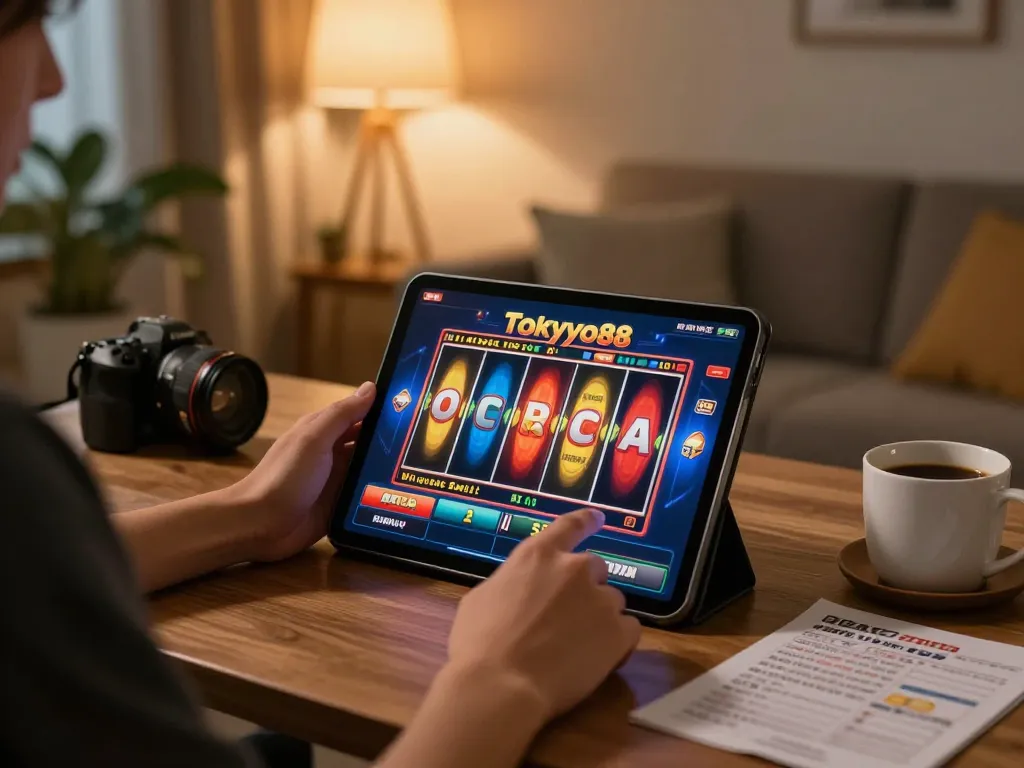 Pemain menikmati slot tokyo88 di tablet, menampilkan tampilan permainan yang cerah di suasana rumah yang nyaman.