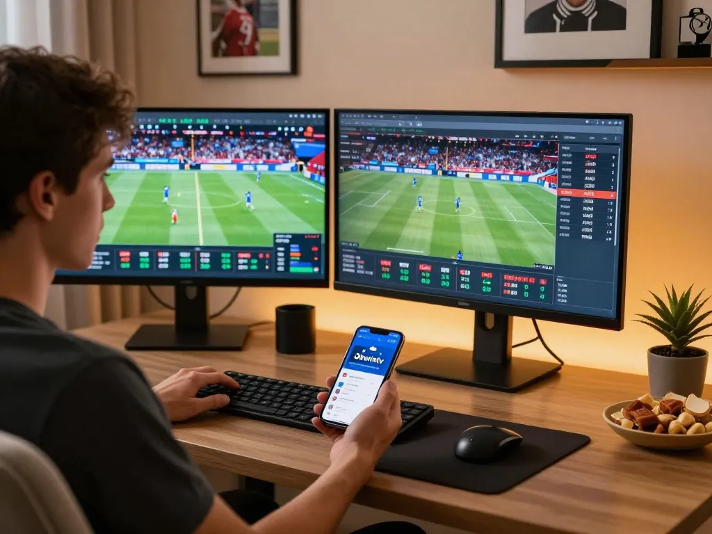 Person actively engaging in sports betting with Okwintv app in a stylish home office setting