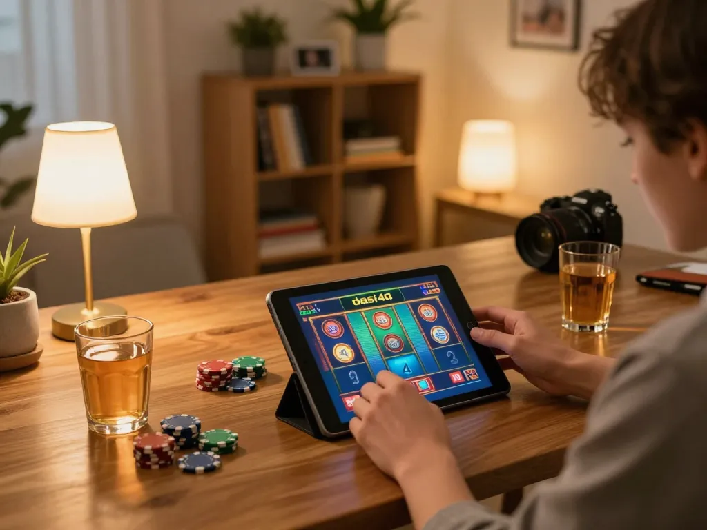 Berkecimpung dalam permainan slot dasi4d di tablet di rumah saat malam permainan yang nyaman