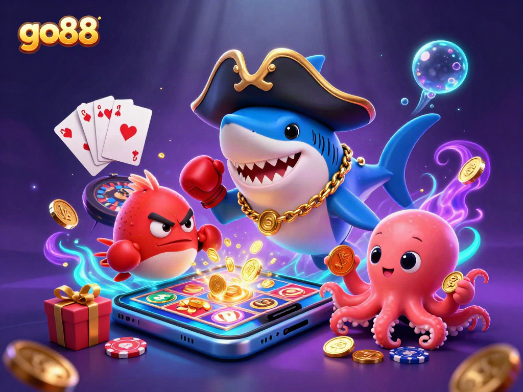 Engage with go88 as a pirate shark, pufferfish, and octopus in an exciting casino scene filled with games.