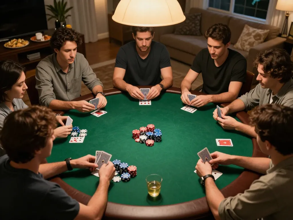Engaged players at a lively home poker game showcasing strategies for winning at luck88com