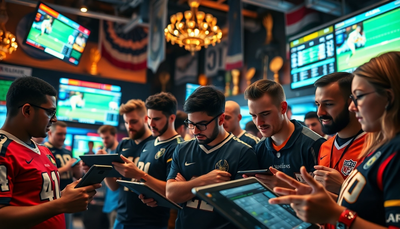 Engaged bettors analyzing Sports Betting data in a lively sports bar atmosphere, showcasing excitement.