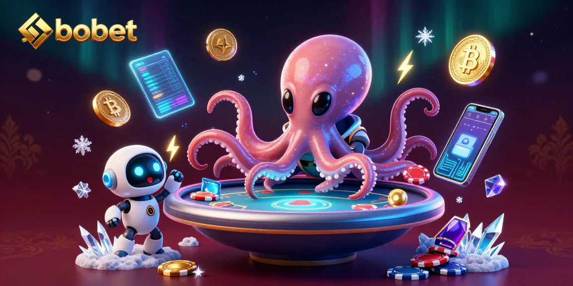 SBOBET sports betting scene with an alien octopus and robot managing a poker table surrounded by crypto elements