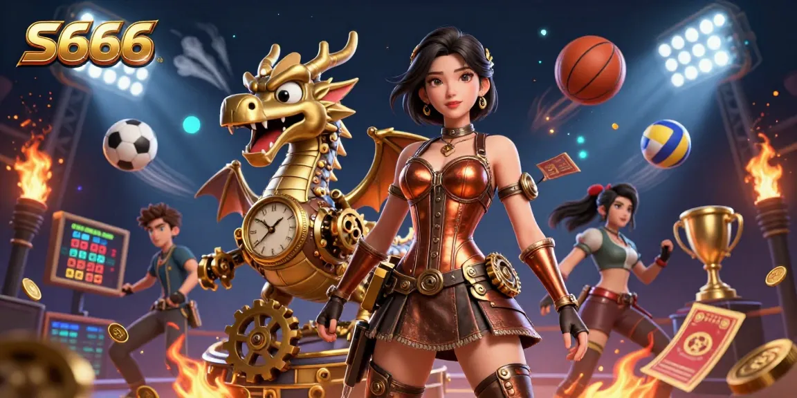 S666 casino illustration with dynamic sports betting elements featuring a steampunk woman, dragon, and gold coins.
