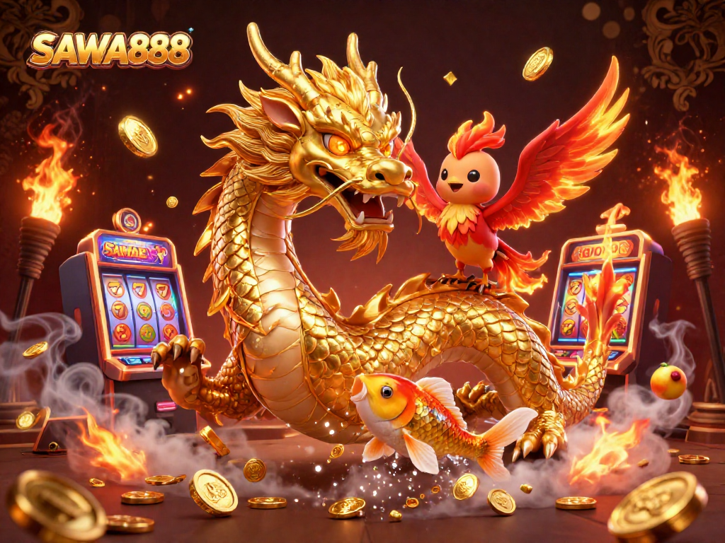 Experience thrilling wins at SAWA888 with an exciting scene featuring a dragon, phoenix, and koi fish!