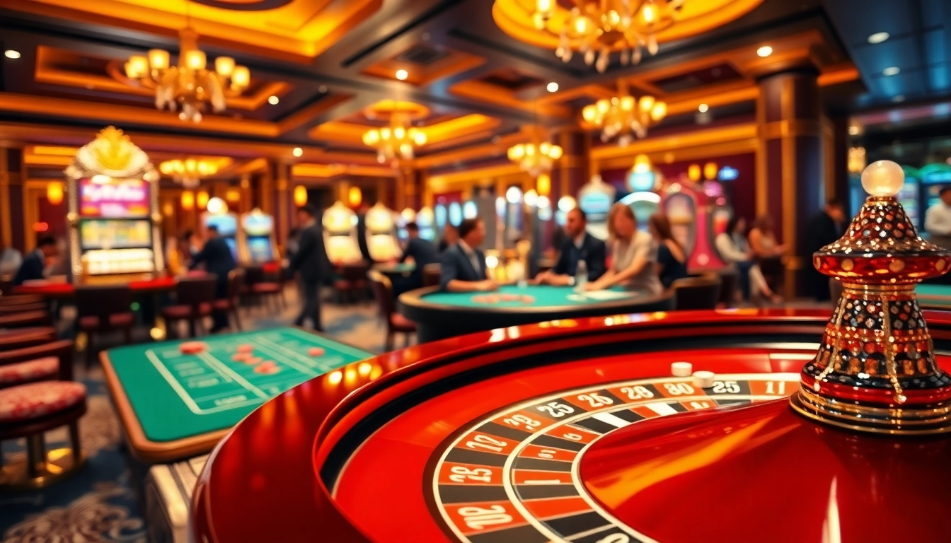 Permainan casino togel389 yang seru dengan pemain di meja roulette dan slot yang berkilau.