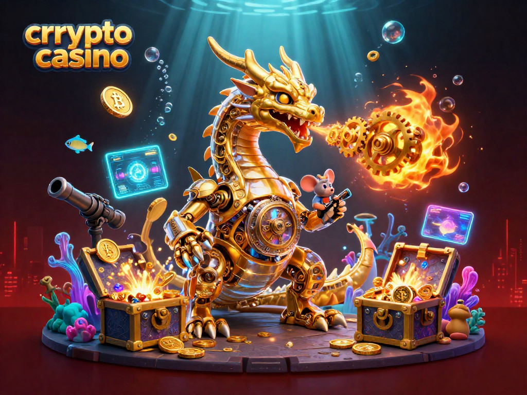 Engage in a thrilling crypto casino experience with a biomechanical golden dragon amidst treasures and glowing elements.