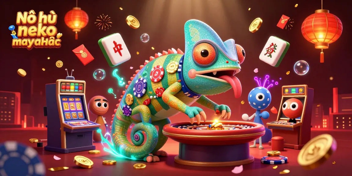 Nổ hũ neko may mắn spins and wins in this vibrant 3D casino illustration.