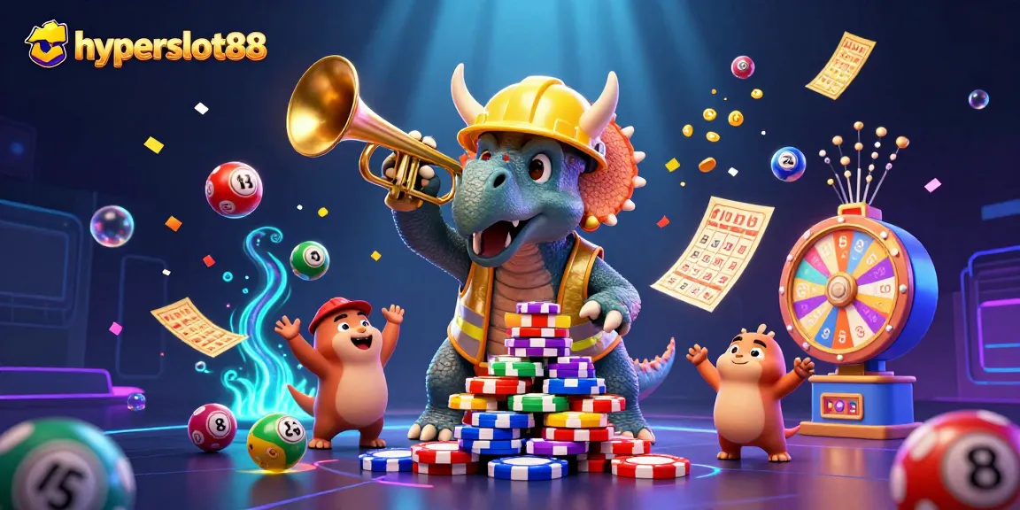 Join the excitement of hyperslot88 with a lively scene featuring triceratops and lottery elements.