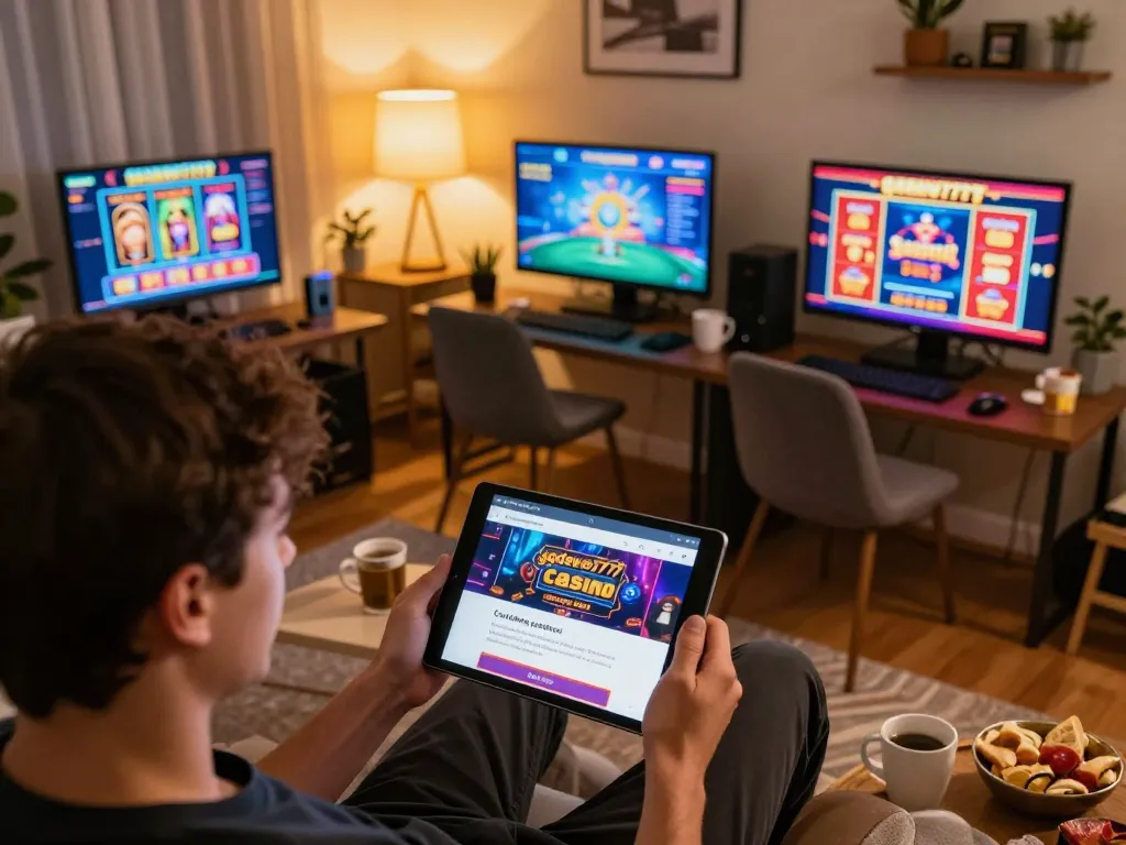 Engaging in online casino gameplay with link ggdewa777 displayed on tablet in cozy home setting