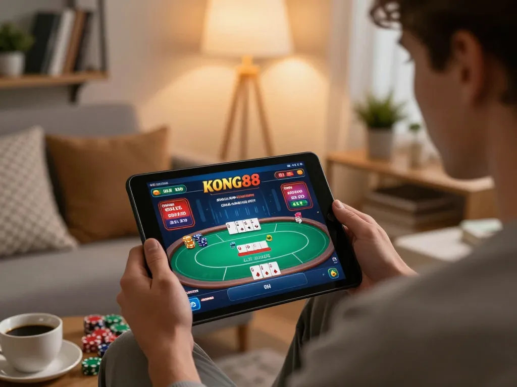 KONG88 player strategizing in a cozy home setup during an online poker session.