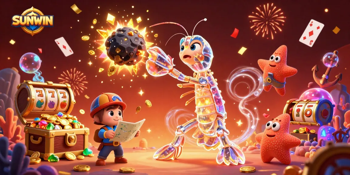 SUNWIN showcases an epic casino battle with a mantis shrimp hero amidst exploding treasures.