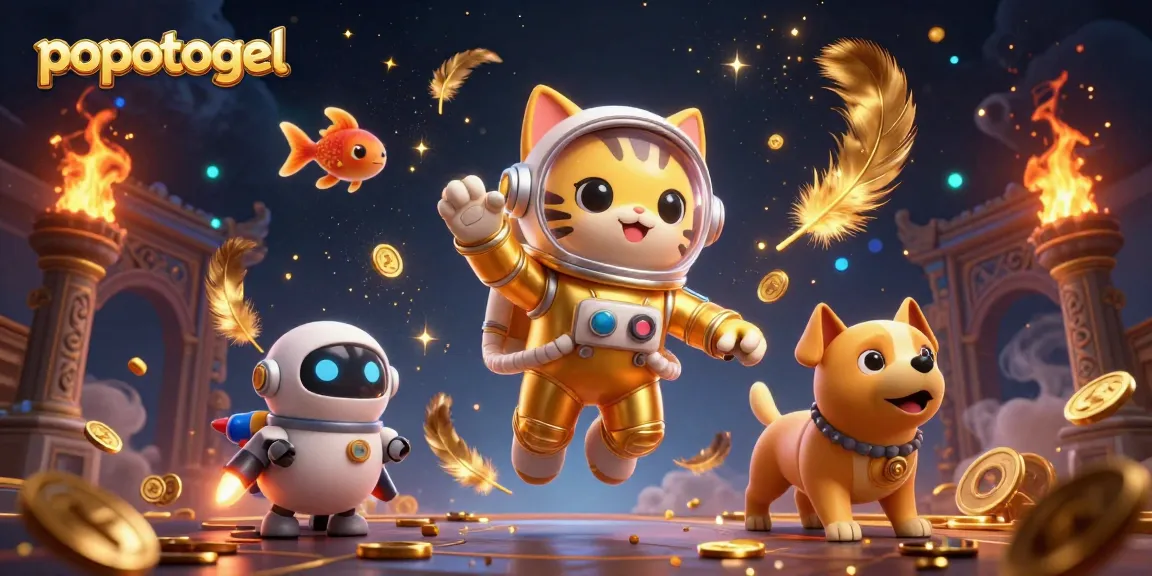 Experience the action of popotogel with an astronaut cat and rocket dog in a vibrant casino scene.