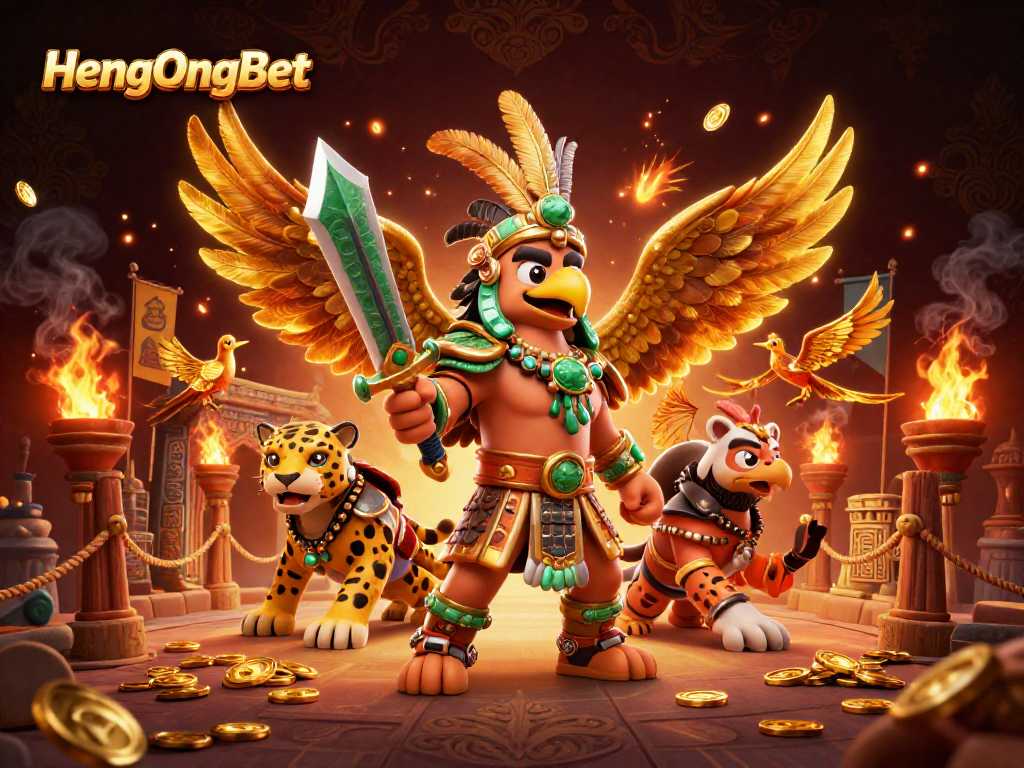 Experience the excitement of HengOngBet with a vibrant casino scene featuring dynamic warriors and game elements.