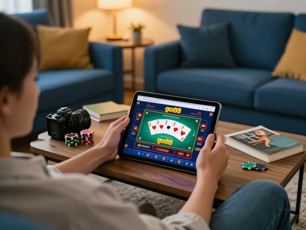 Engaged player navigating go88 web online casino on tablet at home with vibrant poker setup