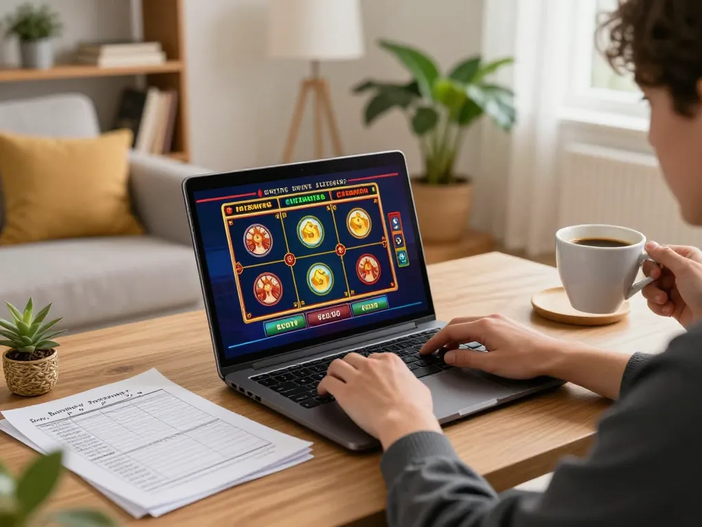 Engaged in online casino Malaysia game strategies while using a laptop at home.