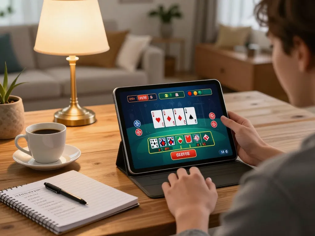 Engaging online blackjack gameplay with 33win displayed on tablet screen, cozy home atmosphere