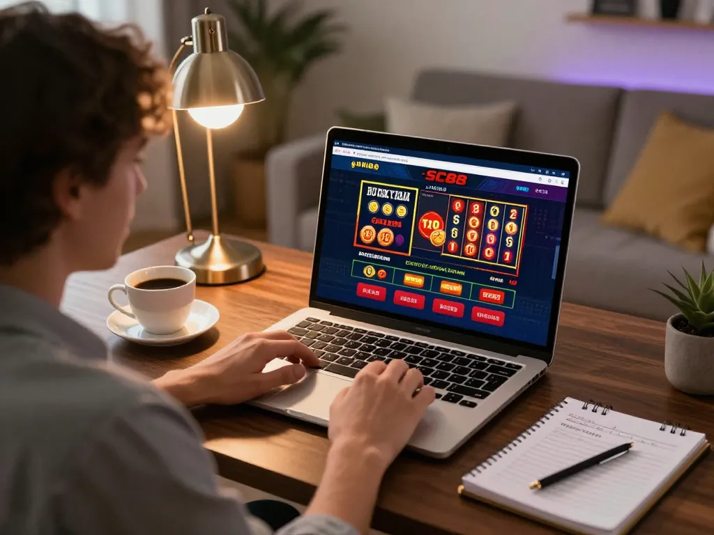Player engaging with SC88 online casino on laptop in cozy home environment.