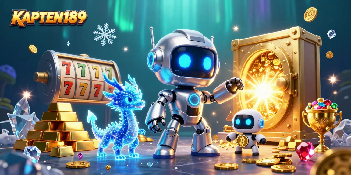 KAPTEN189 sajikan slot online terbaik dengan ilustrasi 3D robot dan harta karun yang menggoda