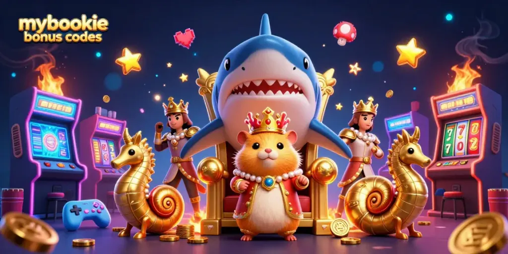 Engage with mybookie bonus codes via dynamic 3D casino illustration featuring a hamster king and slot reels.