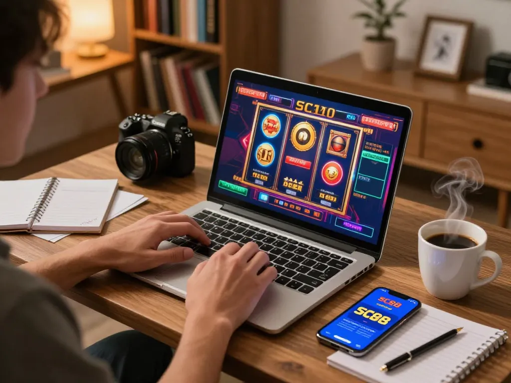 Engaging SC88 online casino gameplay on a laptop with strategic notes and warm home ambiance.