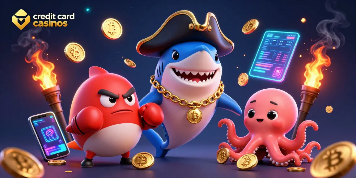 Engage with exciting credit card casinos featuring cartoon characters and crypto elements.