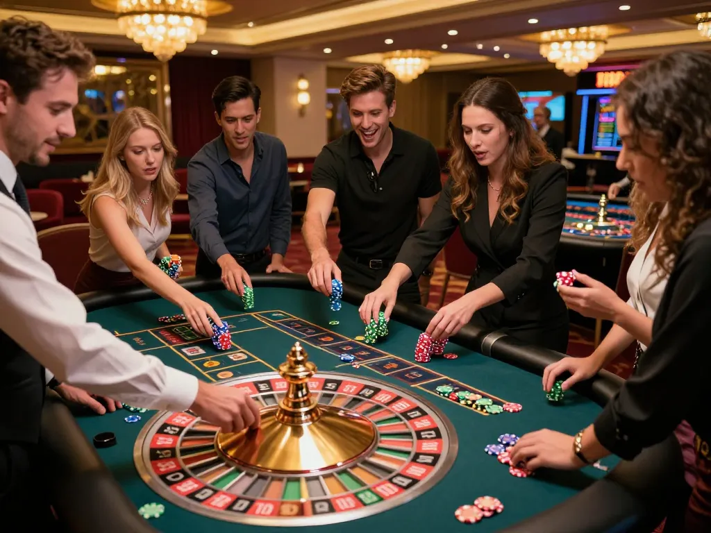 Excited players placing bets at roulette table in n1888 casino, engaging dynamic casino gaming atmosphere