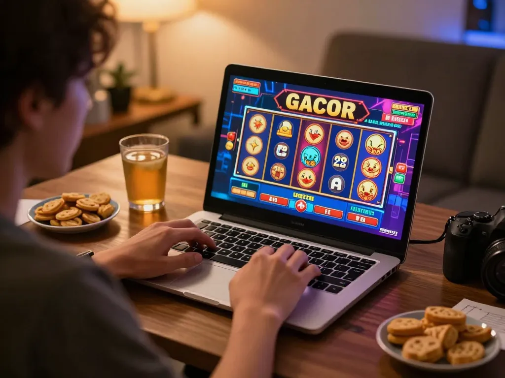 Pemain menikmati slot gacor di laptop, grafis permainan yang cerah bersinar di layar.