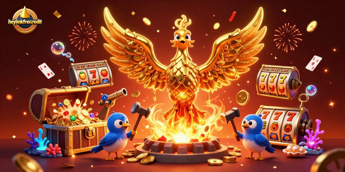 Experience the thrill of heylinkfreecredit with a vibrant golden phoenix in a casino setting.