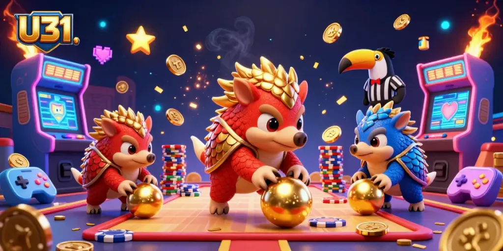 Experience U31’s excitement with pangolins in a vibrant casino battle amidst dynamic gaming elements.