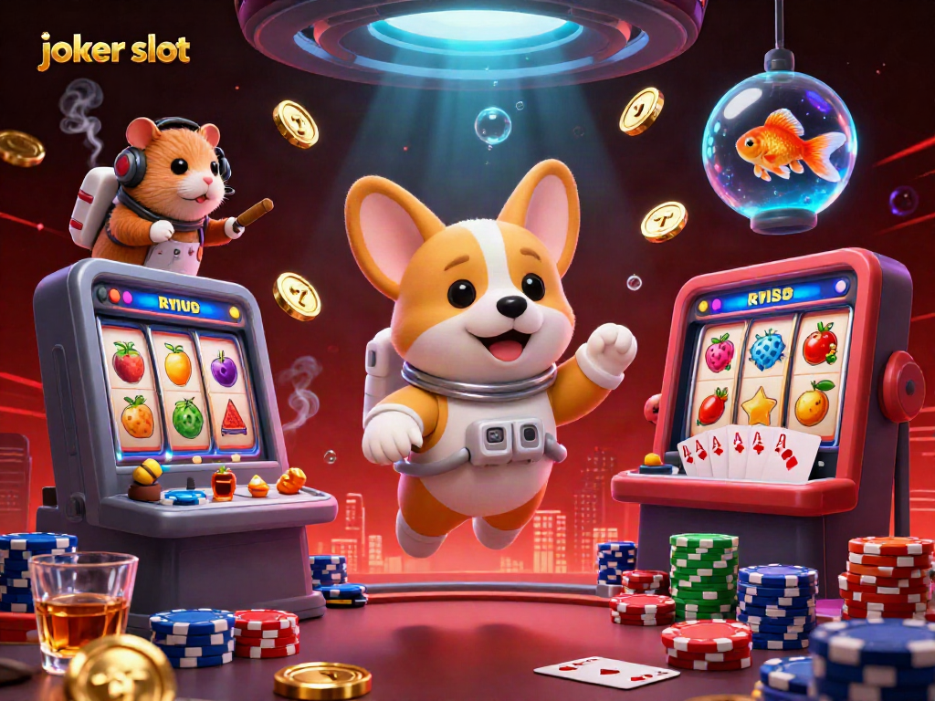 Experience the joker slot excitement with a vibrant 3D digital illustration of a space casino, showcasing an astronaut corgi, jackpot reels, and floating poker chips.