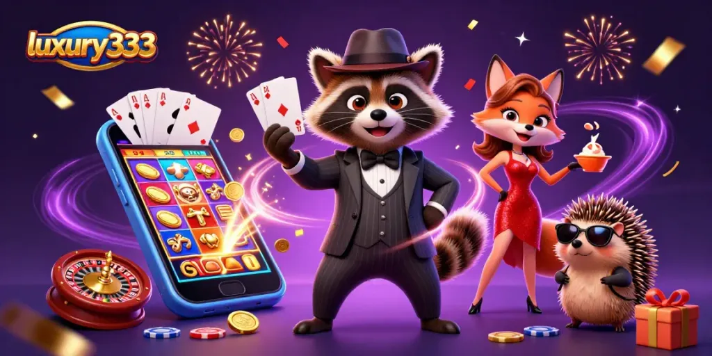 luxury333 menikmati permainan slot dengan rakun sopan, rubah, dan landak dalam suasana kasino meriah