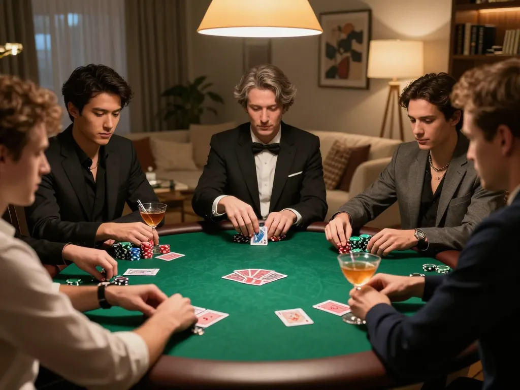 At a stylish home poker night, players enjoy strategic gameplay and lively interaction while engaging with kerajaanslot themes.