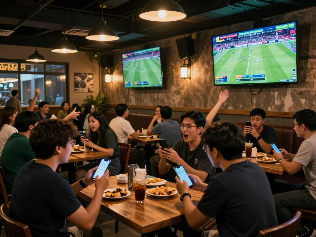 Fans actively engaging with kèo bóng đá hôm nay while cheering for their teams in a lively sports bar.