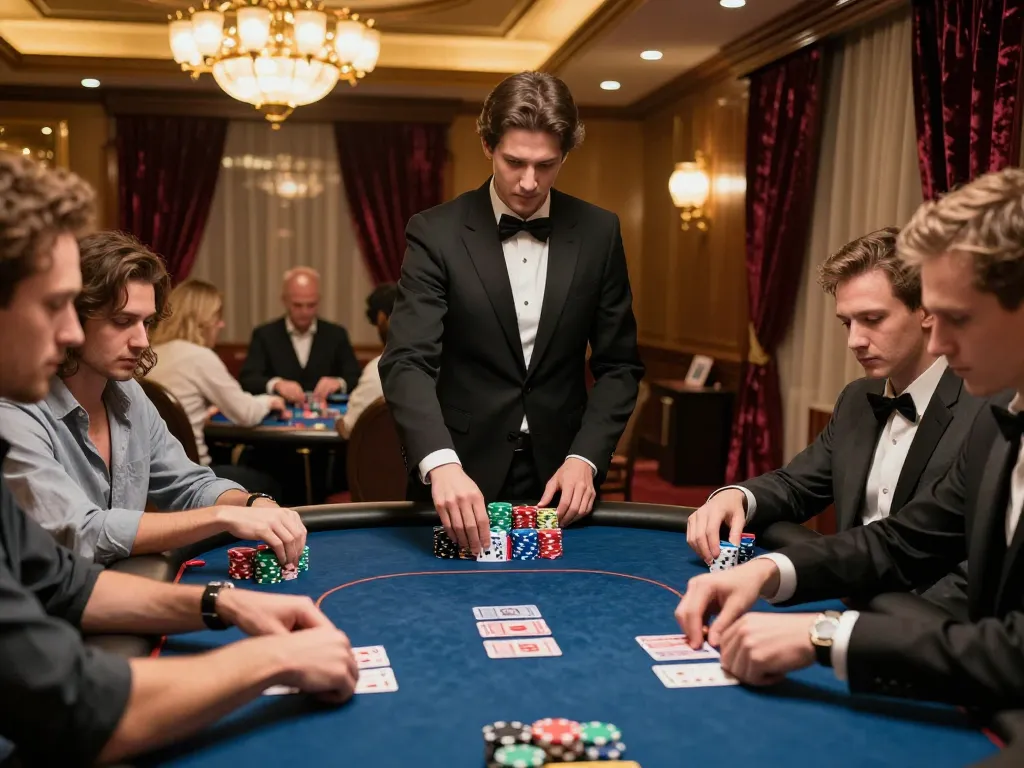 Players engaging in a strategic poker game at a luxury casino, showcasing kp88 com's vibrant gambling scene.