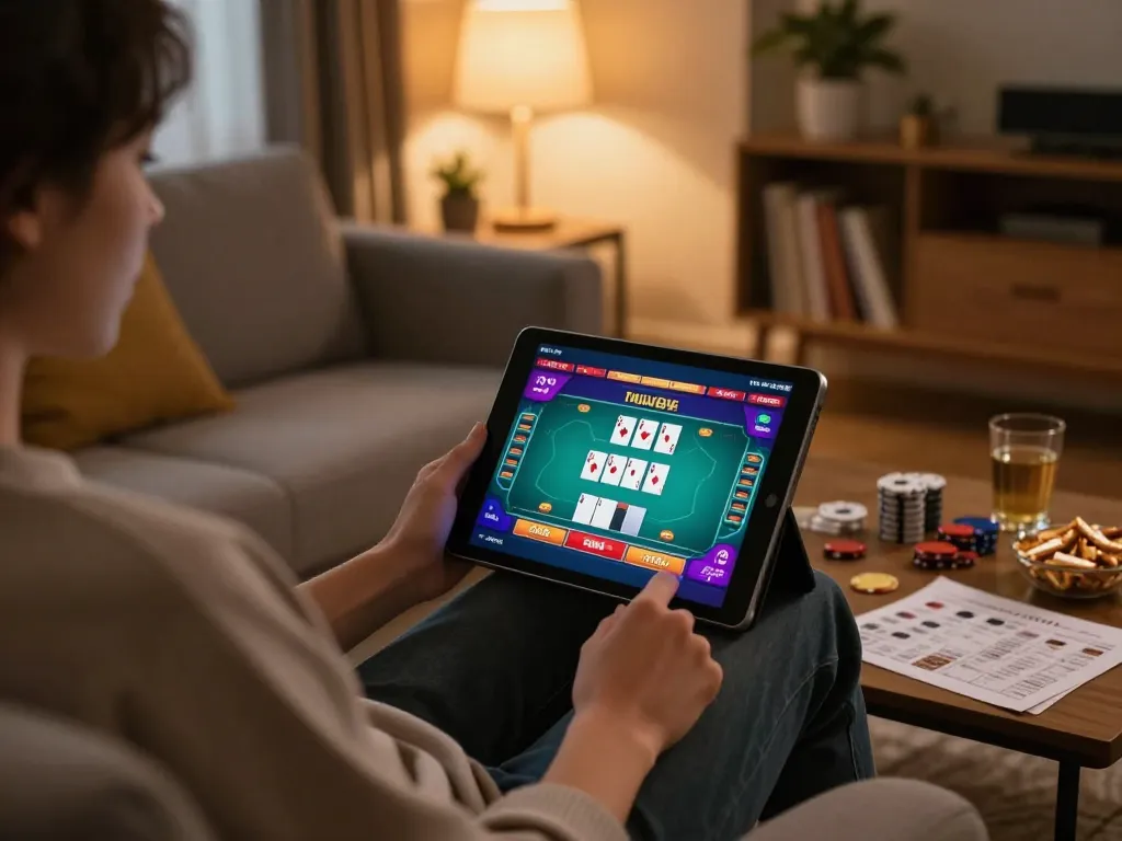 Player engaging with uu88 online gambling on tablet, showing poker game interface with cards and strategies visible