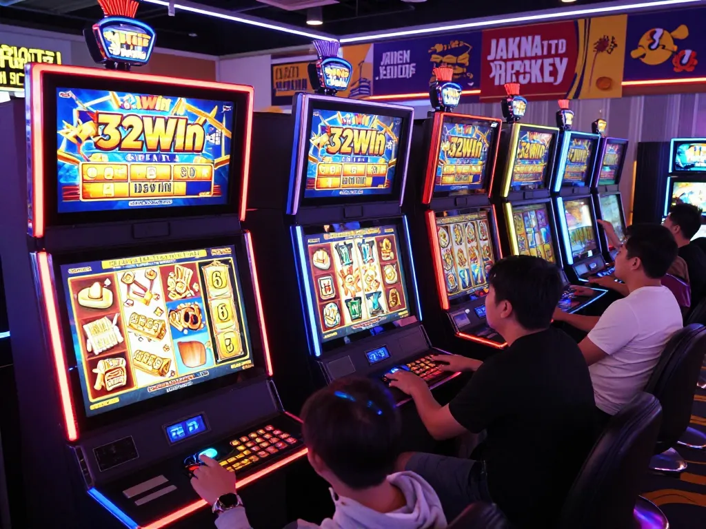 Players excitedly engage with colorful 32win slot machines in an online casino.