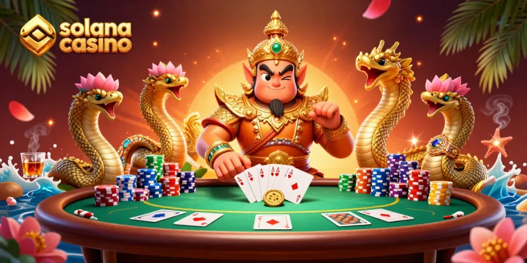 Engage in the thrilling experience of a solana casino with vibrant 3D art featuring poker elements and mythical characters.
