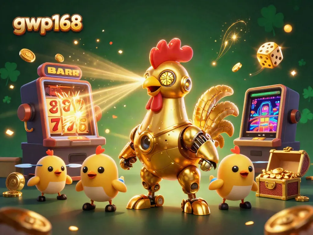 GWP168 merayakan kemenangan besar dengan jackpot dan robot ayam emas futuristik
