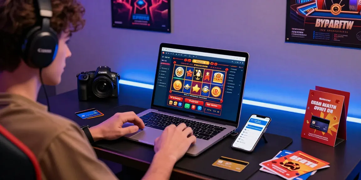 Online gaming enthusiast engaging with credit card casinos at being-there.org.uk with vibrant atmosphere and gaming setup.