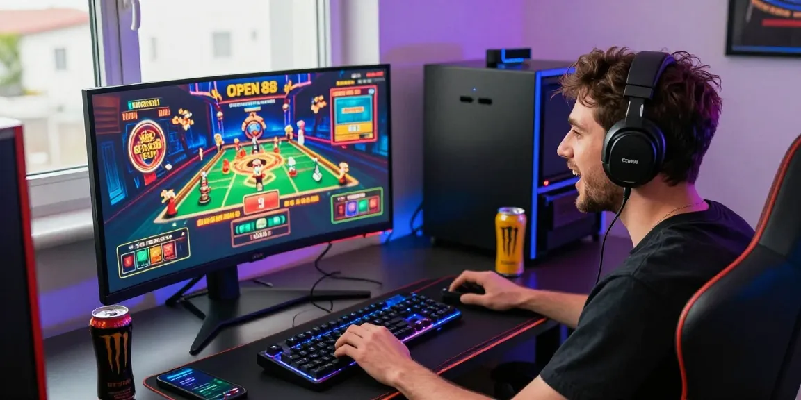 Player enjoying the immersive gaming experience at OPEN 88 with vibrant casino games displayed on a large monitor and modern gaming accessories.