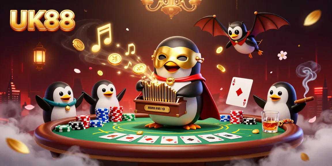 Experience UK88 gaming with a 3D penguin organist surrounded by poker excitement.