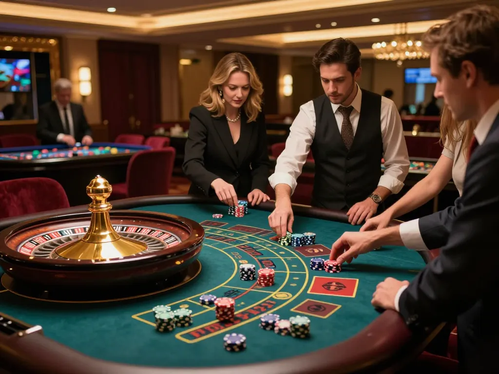 Players enjoying high-stakes gaming at iWin casino roulette table, vibrant colors and exciting atmosphere.